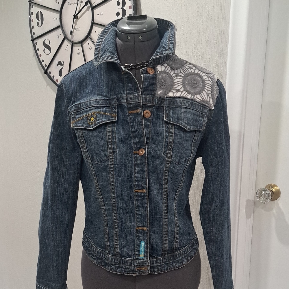 Denim Emblellished Jacket with gray and white accent.